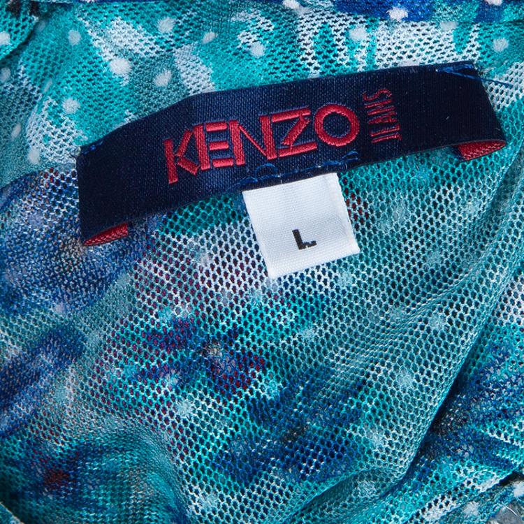 Pre Owned Kenzo Green Floral Print Short Sleeve Top L