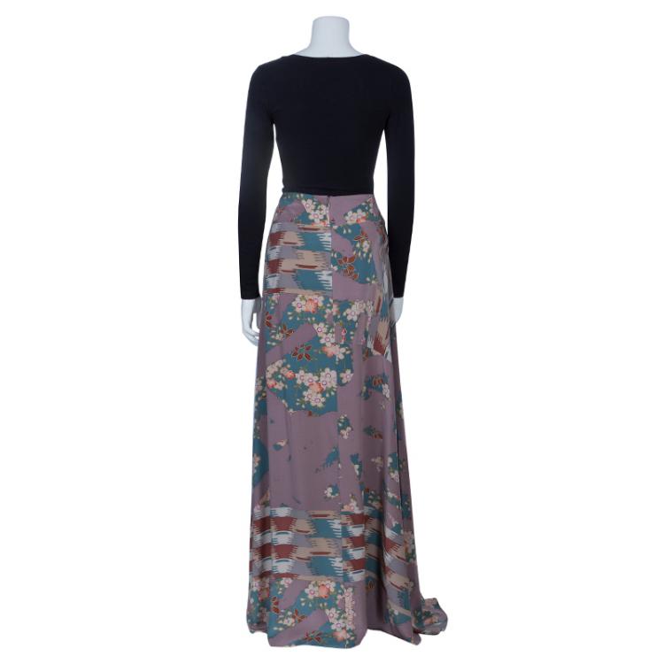 Pre Owned Kenzo Multiprint Silk Maxi Skirt XL