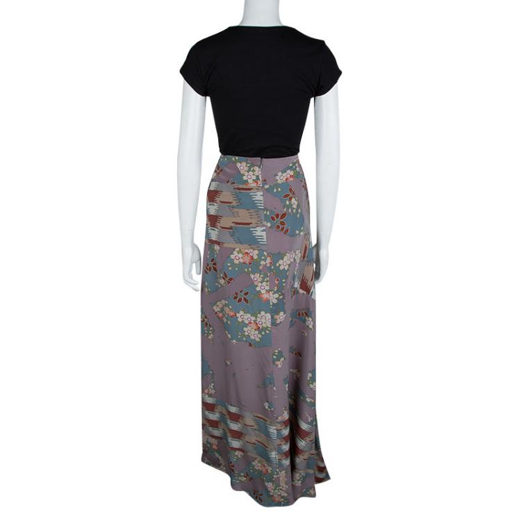 Pre Owned Kenzo Multicolor Floral Printed Silk Draped Maxi Skirt XL