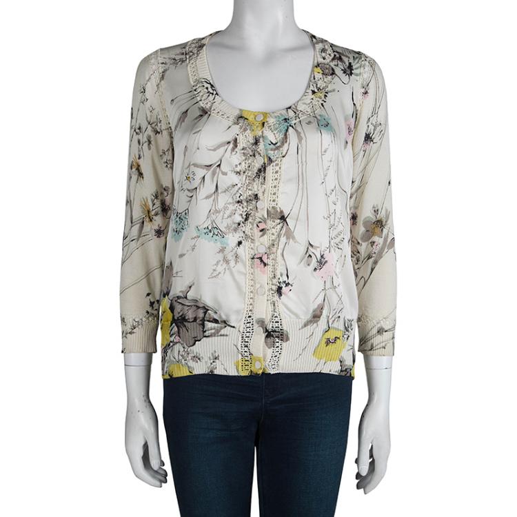 Pre Owned Kenzo Cream Floral Printed Silk Button Front Cardigan M 
