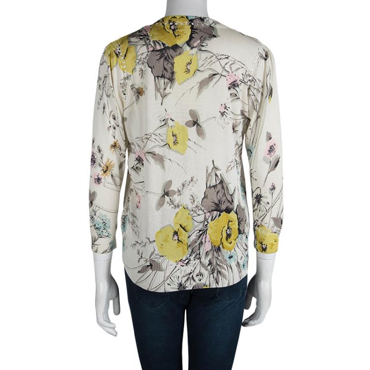 Pre Owned Kenzo Cream Floral Printed Silk Button Front Cardigan M 