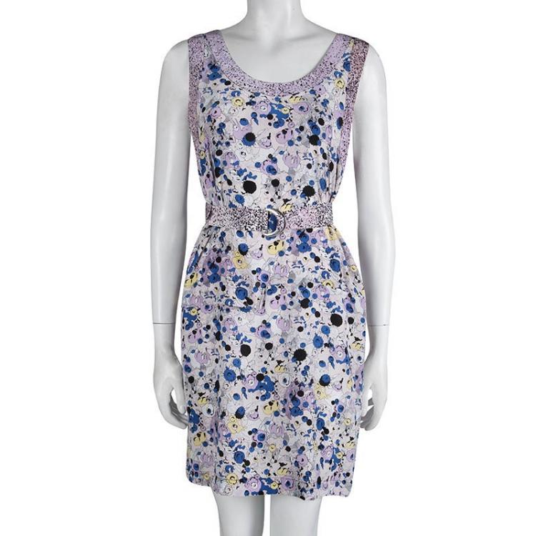 Pre Owned Kenzo Multicolor Silk Printed Drop Waist Sleeveless Belted Dress S
