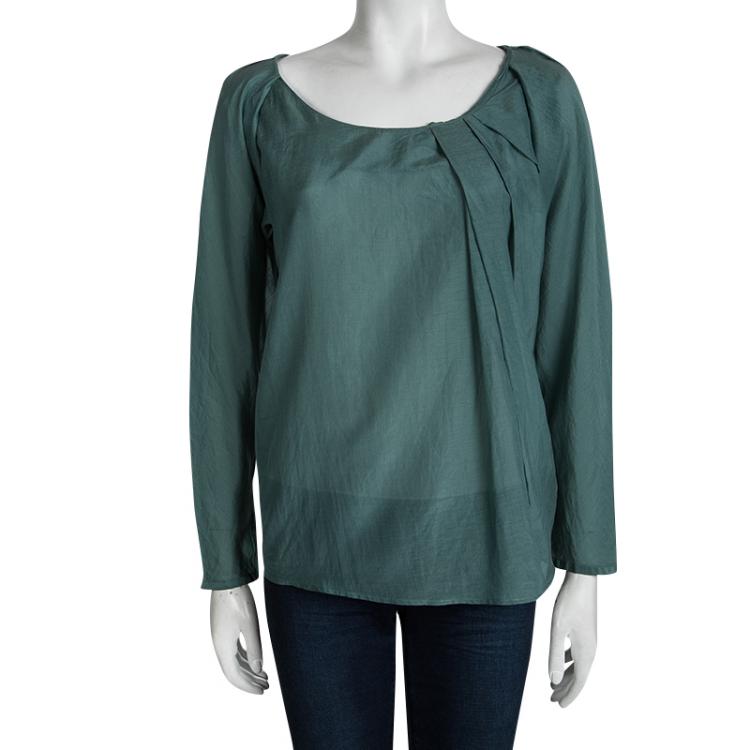 Pre Owned Kenzo Green Pleat Detail Long Sleeve Top M