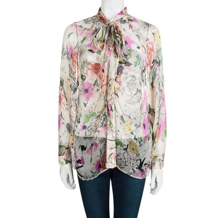 مملوكة مسبقًا Kenzo Floral Printed Crinkled Silk Chiffon Front Tie Detail Blouse S