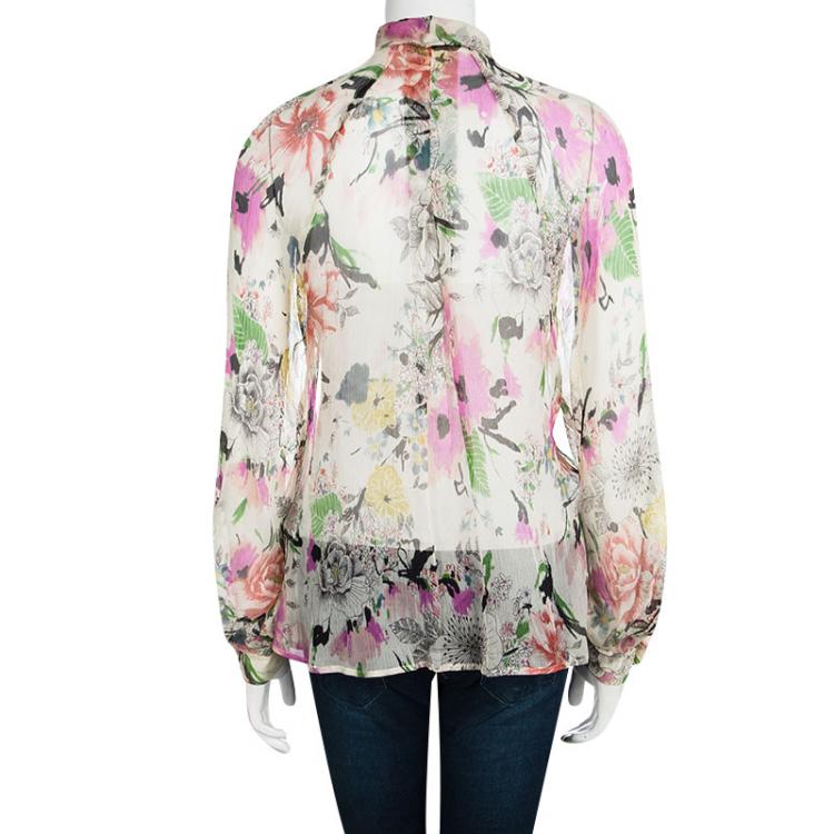 مملوكة مسبقًا Kenzo Floral Printed Crinkled Silk Chiffon Front Tie Detail Blouse S