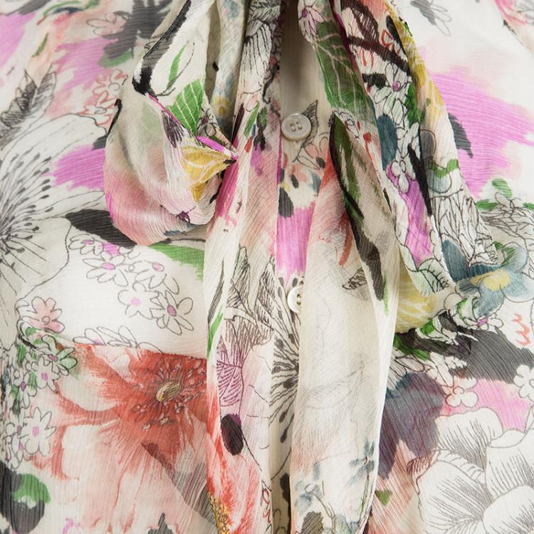 مملوكة مسبقًا Kenzo Floral Printed Crinkled Silk Chiffon Front Tie Detail Blouse S