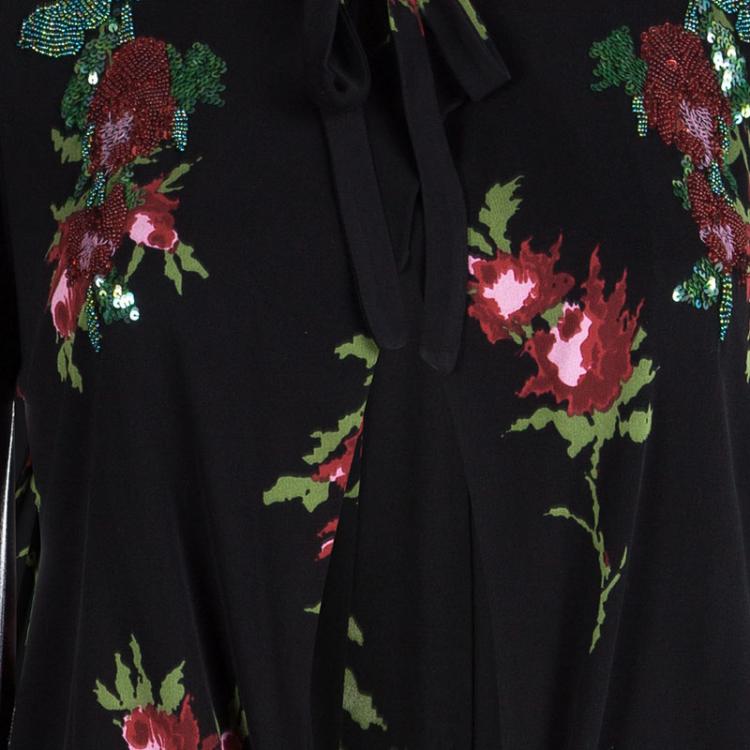 Pre Owned Kenzo Black Floral Printed Silk Jersey Sequin Embellished Wrap Top M