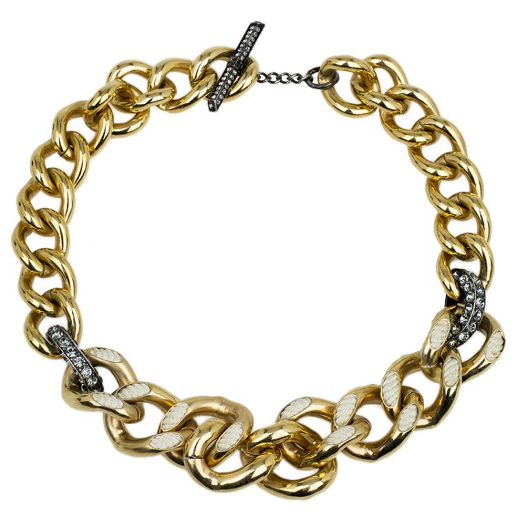 Pre Owned Lanvin Embellished Curb Gold Tone Chain Necklace