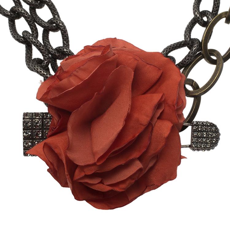 Pre Owned Lanvin Red Flower Crystal Pin Packlock Chain Necklace