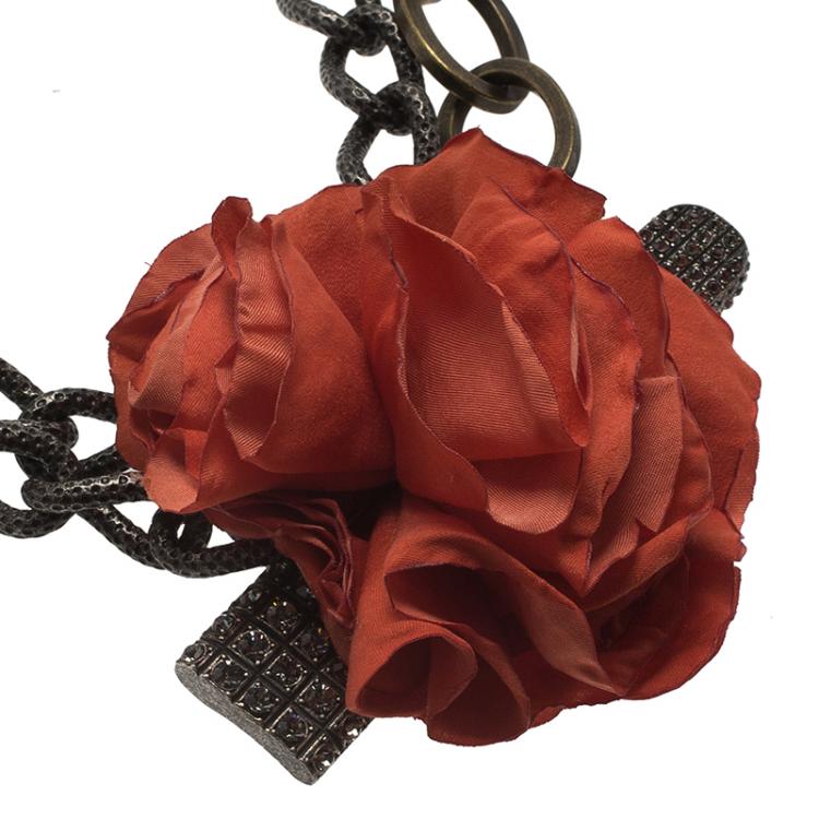 Pre Owned Lanvin Red Flower Crystal Pin Packlock Chain Necklace