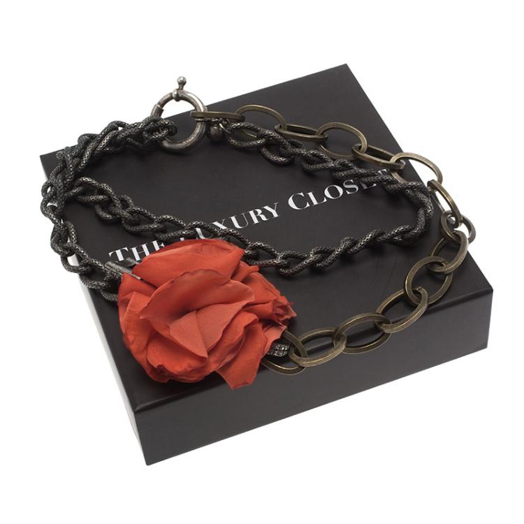Pre Owned Lanvin Red Flower Crystal Pin Packlock Chain Necklace