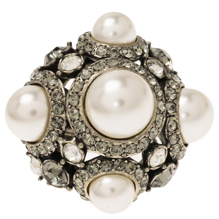Pre Owned Lanvin Faux Pearls and Crystals Silver Tone Cocktail Ring Size 49