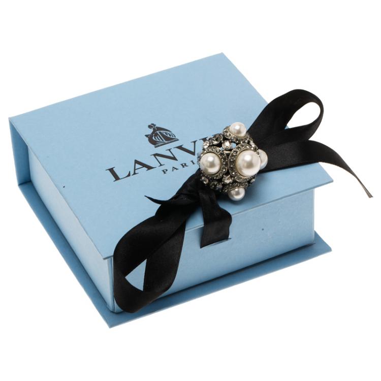 Pre Owned Lanvin Faux Pearls and Crystals Silver Tone Cocktail Ring Size 49