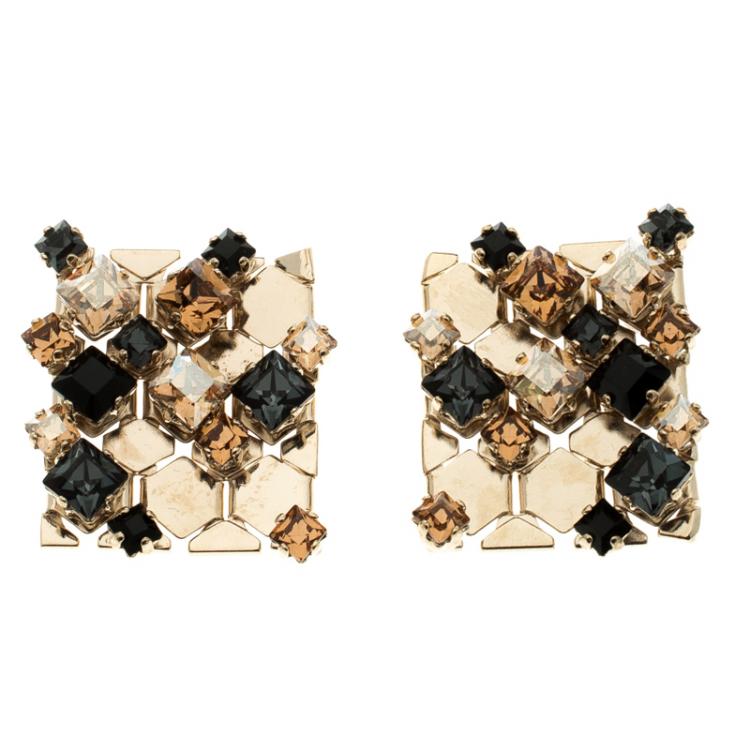 مملوكة مسبقًا Lanvin 'Chain Lumiere' Crystal honeycomb Gold Tone Stud Earrings