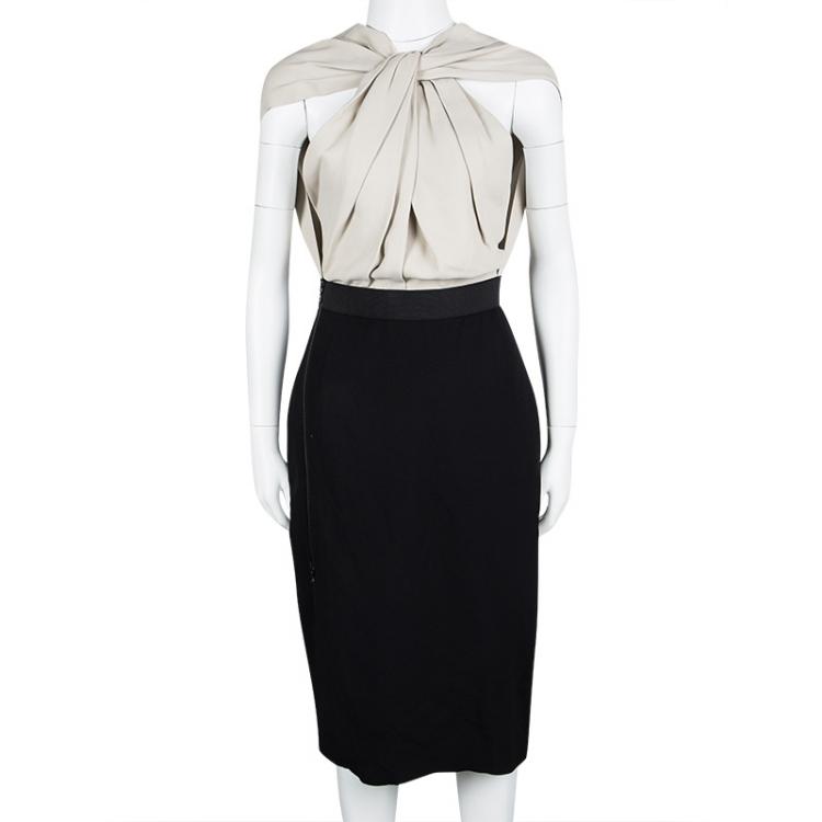 مملوكة مسبقًا Lanvin Beige and Black Knotted Back Detail Draped Front Dress M