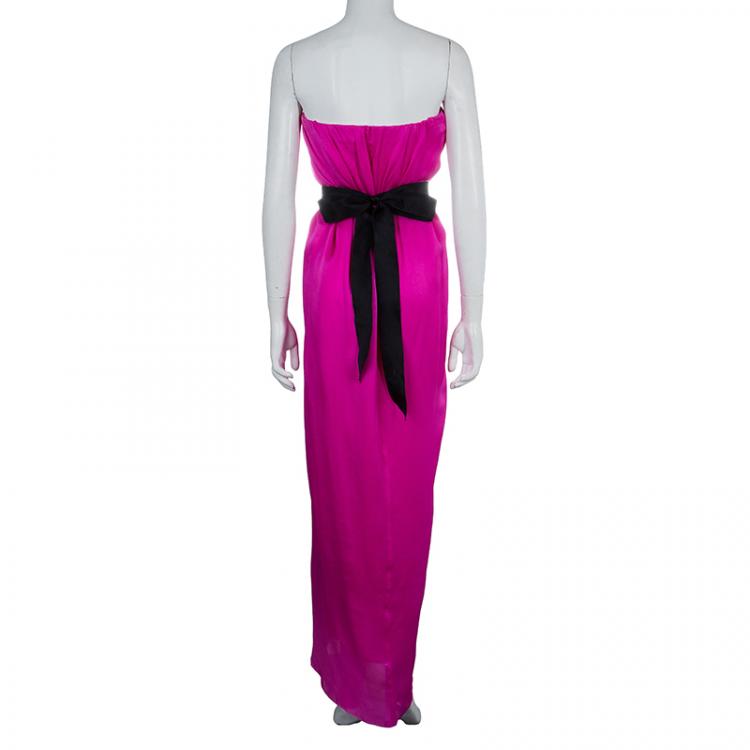 Pre Owned Lanvin Pink Sequin Floral Brooch Detail Strapless Belted Silk Dress  M
