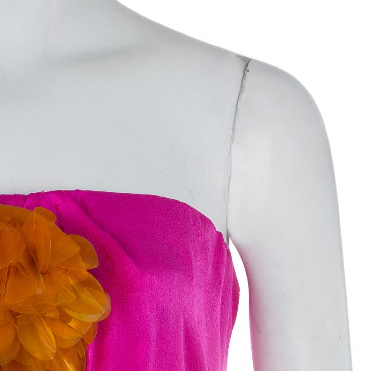 Pre Owned Lanvin Pink Sequin Floral Brooch Detail Strapless Belted Silk Dress  M