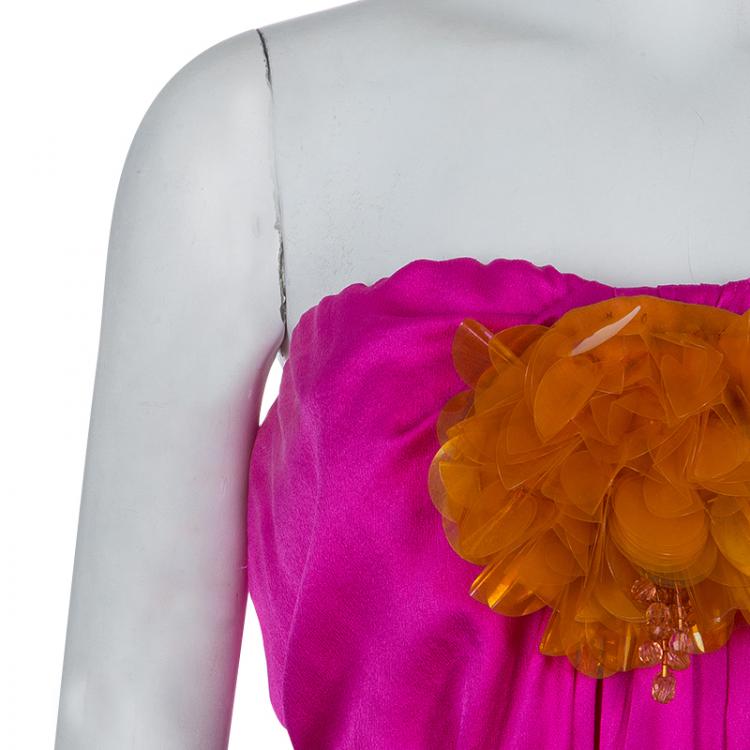 Pre Owned Lanvin Pink Sequin Floral Brooch Detail Strapless Belted Silk Dress  M
