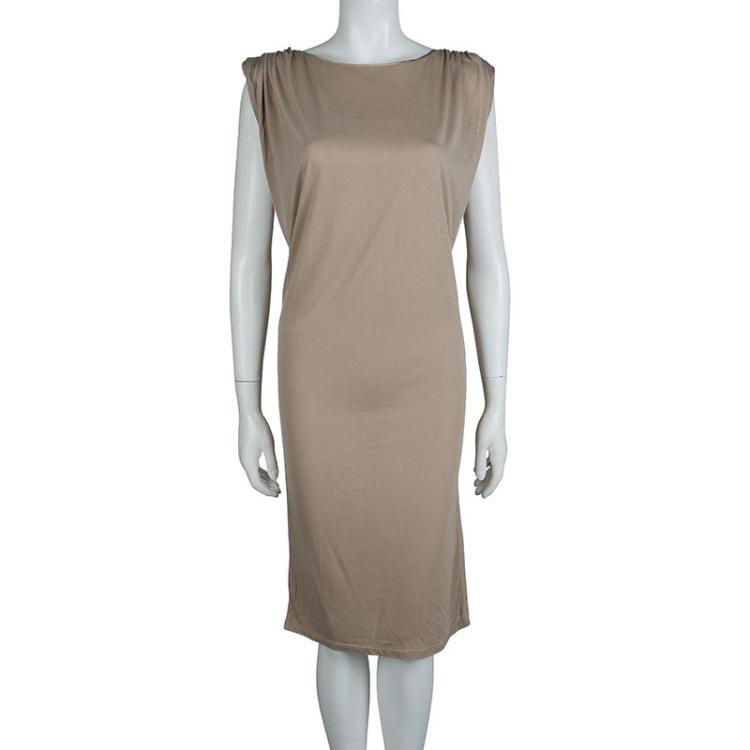 Pre Owned Lanvin Beige Jersey Draped Shoulder Sleeveless Dress M