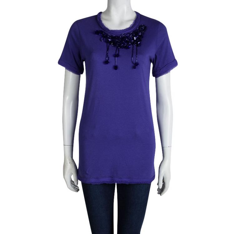 Pre Owned Lanvin Blue Knit Sequin Embellished Chiffon Trim Top S