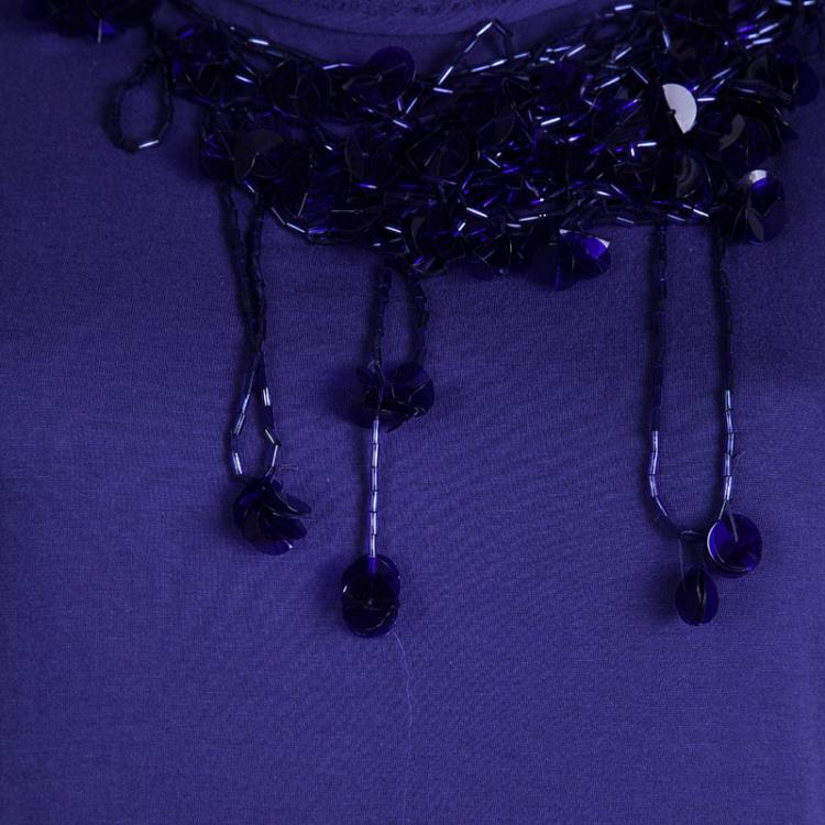 Pre Owned Lanvin Blue Knit Sequin Embellished Chiffon Trim Top S