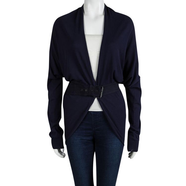 Pre Owned Lanvin Navy Blue Cotton Knit Draped Belted Cardigan M