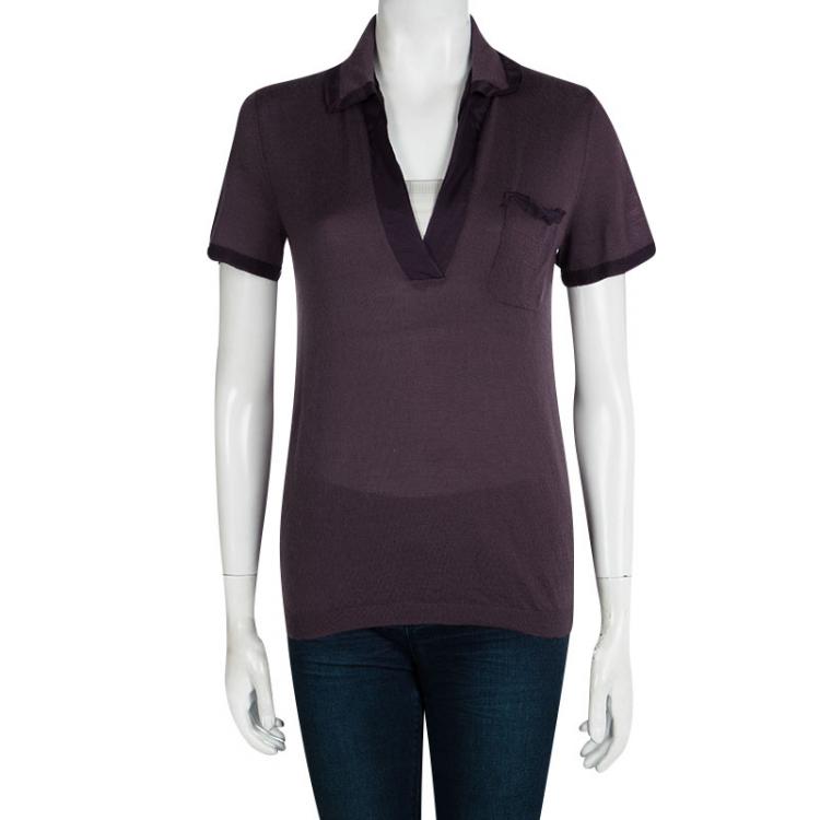 Pre Owned Lanvin Purple Knit Contrast Trim Short Sleeve Top M