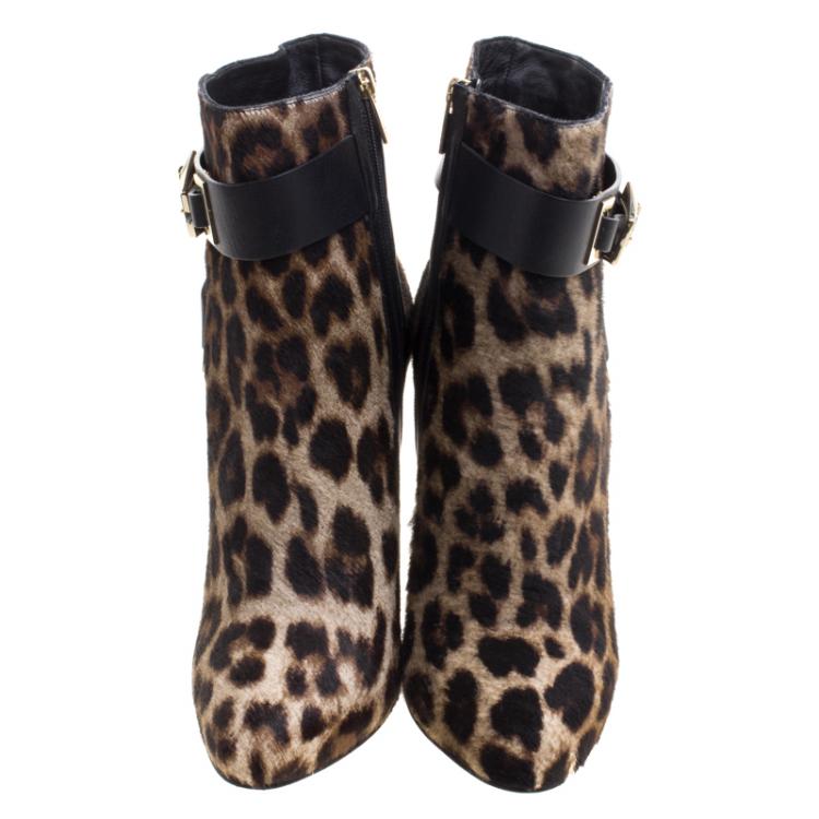 Pre Owned Le Silla Leopard Printed Calf Hair Ankle Boots Size 37