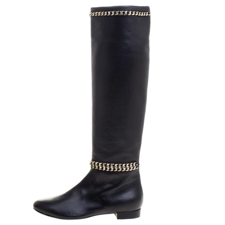 Pre Owned  Le Silla Black Leather Chain Detail Knee High Boots Size 41
