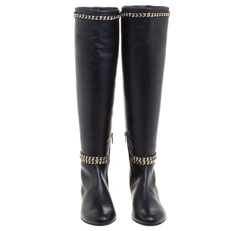 Pre Owned  Le Silla Black Leather Chain Detail Knee High Boots Size 41