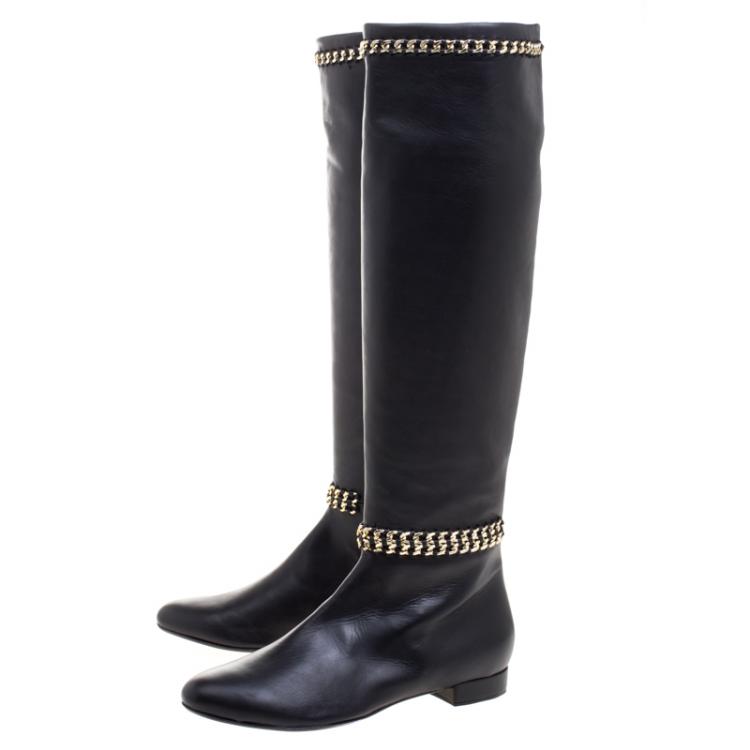 Pre Owned  Le Silla Black Leather Chain Detail Knee High Boots Size 41