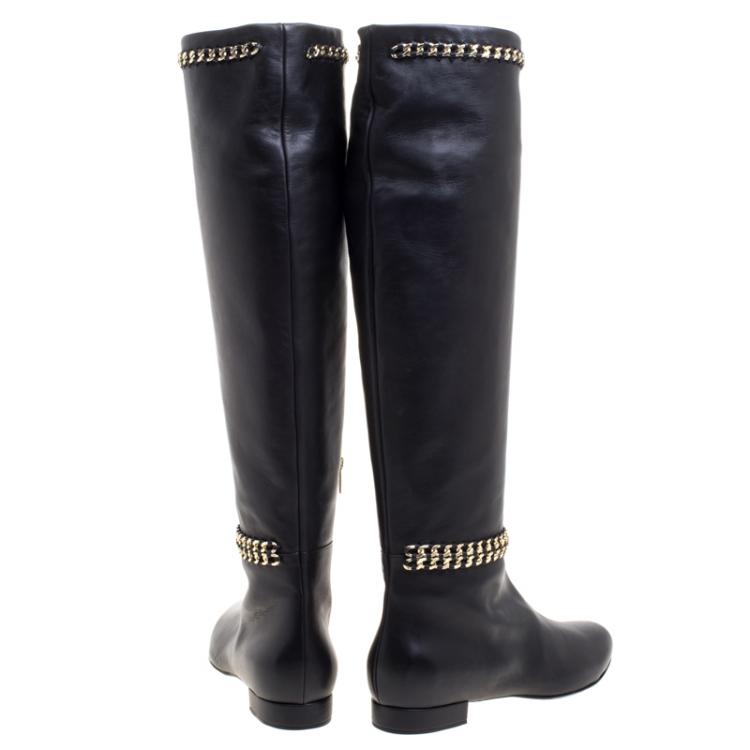 Pre Owned  Le Silla Black Leather Chain Detail Knee High Boots Size 41