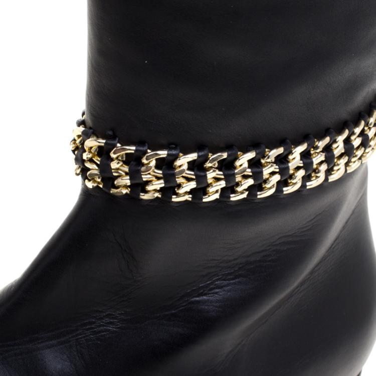 Pre Owned  Le Silla Black Leather Chain Detail Knee High Boots Size 41