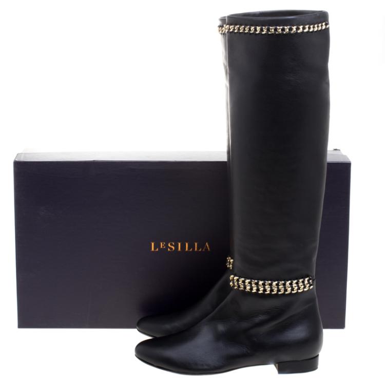 Pre Owned  Le Silla Black Leather Chain Detail Knee High Boots Size 41