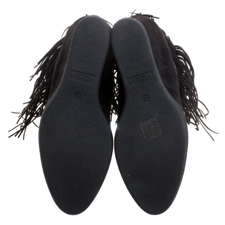 Pre Owned Le Silla Black Suede Concealed Fringed Wedge Boots Size 40