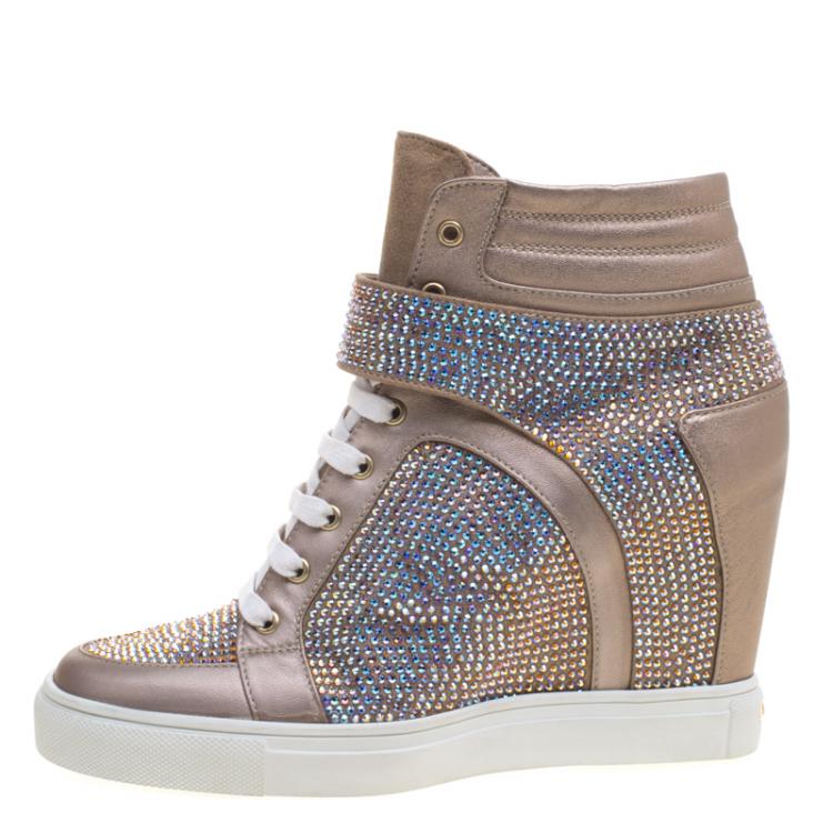 Pre Owned Le Silla Beige Crystal Embellished Suede and Leather Burma Wedge Sneakers Size 41