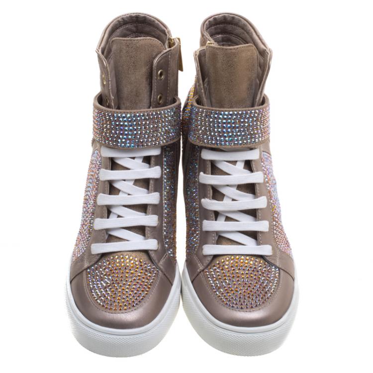 Pre Owned Le Silla Beige Crystal Embellished Suede and Leather Burma Wedge Sneakers Size 41