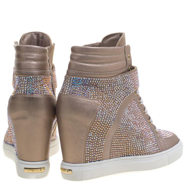 Pre Owned Le Silla Beige Crystal Embellished Suede and Leather Burma Wedge Sneakers Size 41