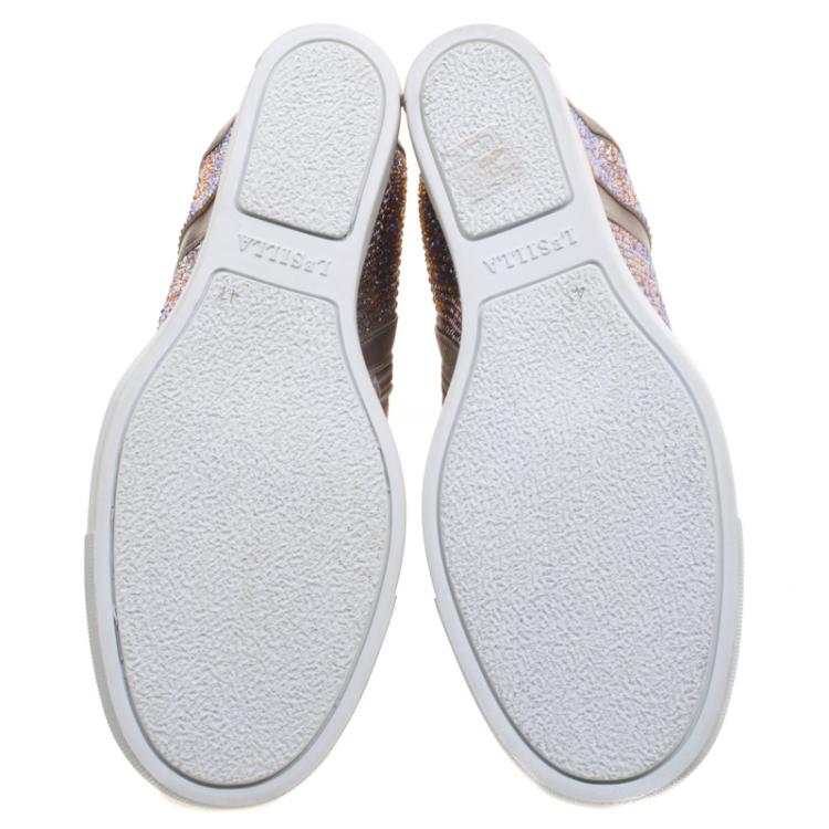 Pre Owned Le Silla Beige Crystal Embellished Suede and Leather Burma Wedge Sneakers Size 41