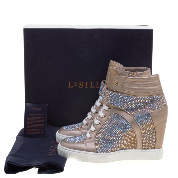 Pre Owned Le Silla Beige Crystal Embellished Suede and Leather Burma Wedge Sneakers Size 41