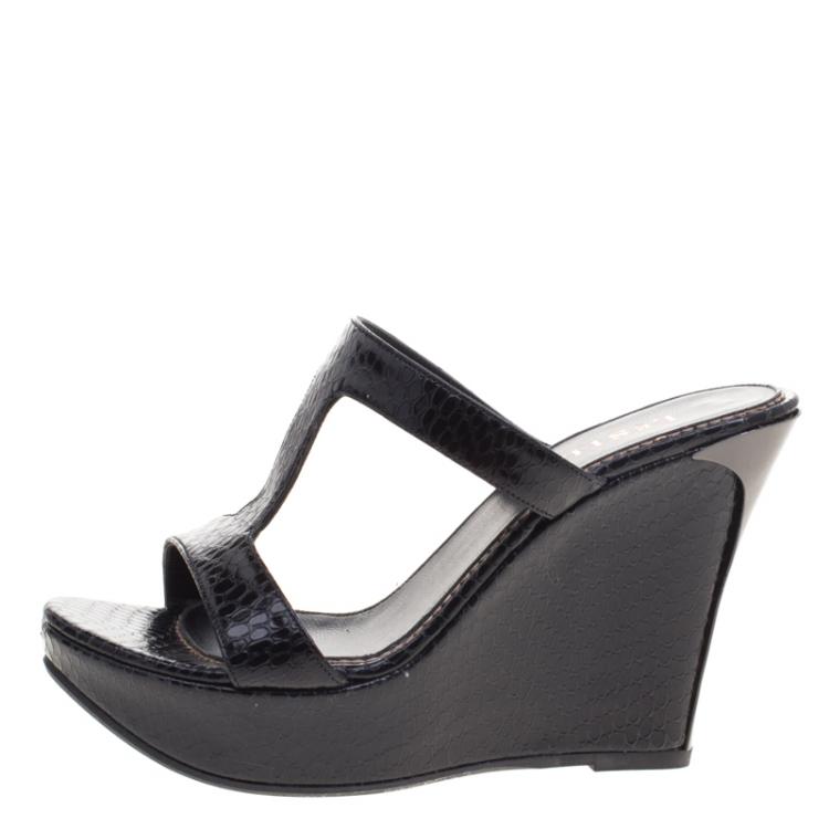Pre Owned Le Silla Black Python Embossed Wedge Slides Size 37.5