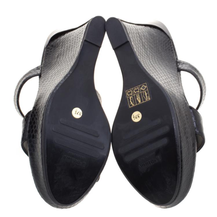 Pre Owned Le Silla Black Python Embossed Wedge Slides Size 37.5