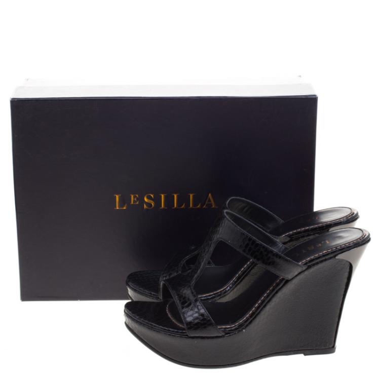 Pre Owned Le Silla Black Python Embossed Wedge Slides Size 37.5