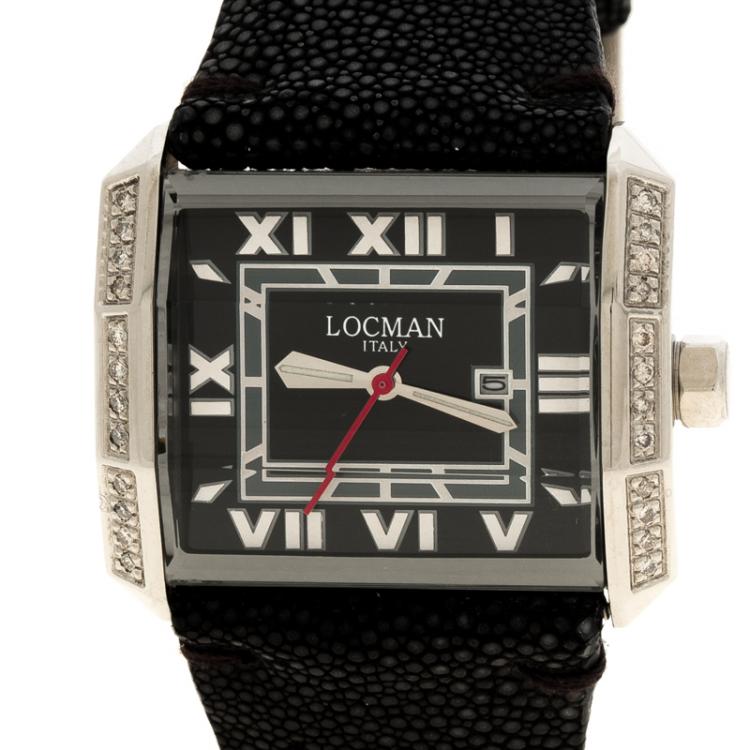 Pre Owned Locman Black Diamonds Otto N.B0009 Sharkskin Leather Women's Wristwatch 37MM