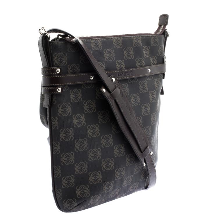 Pre Owned Loewe Dark Brown Vinyl and Leather Logos Anagram Crossbody Bag