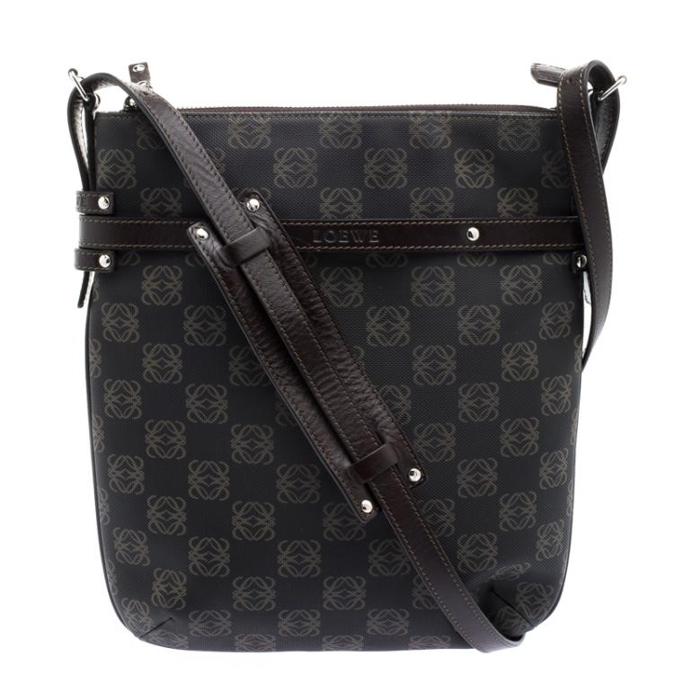Pre Owned Loewe Dark Brown Vinyl and Leather Logos Anagram Crossbody Bag