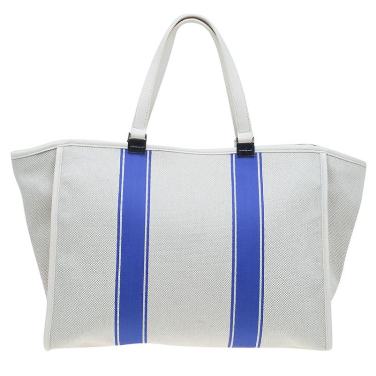 Pre Owned Longchamp White/Blue Canvas Large Nautique Zip Tote
