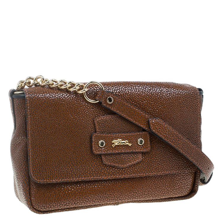 Pre Owned Longchamp Brown Stingrsy Embossed Leather Honore Crossbody Bag