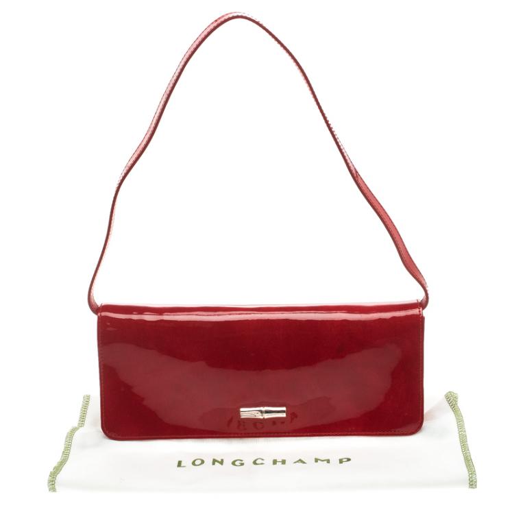 Pre Owned Longchamp Red Patent Leather Rousseau Burnt Clutch