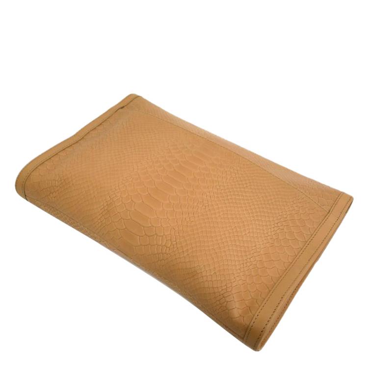 Pre Owned Longchamp Brown Embossed Leather Clutch Bag 